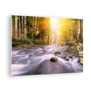 Cuadro sobre vidrio - Impresiones sobre Vidrio - Arroyo del bosque a la luz del sol - 70x50cm - Malaquita en un marco de plata y oro - Decoración de pared moderna para salón y dormitorio ARTTOR