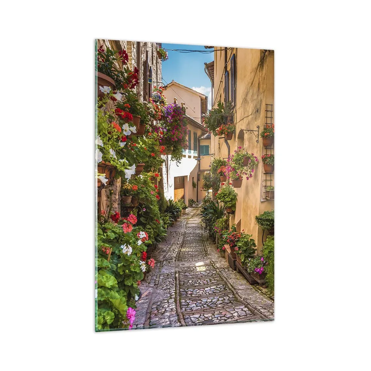 Cuadro sobre vidrio - Impresiones sobre Vidrio - Una calle encantadora llena de flores y macetas. - 80x120cm - Callejón italiano - Decoración de pared moderna para salón y dormitorio ARTTOR