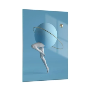 Cuadro sobre vidrio - Impresiones sobre Vidrio - Una composición minimalista de un planeta con piernas humanas sobre azul. - 50x70cm - Y los planetas se vuelven locos - Decoración de pared moderna para salón y dormitorio ARTTOR