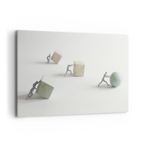 Cuadro sobre lienzo - Impresión de Imagen - Figuras en miniatura que empujan formas contra un fondo claro. - 100x70cm - El avance de la geometría - Decoración de pared moderna para salón y dormitorio ARTTOR