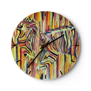 Reloj de pared - Reloj de vidrio - Una representación abstracta de dos cebras sobre un fondo de rayas de colores. - 30x30cm - Y tú también... - Decoración de pared moderna para salón, cocina y dormitorio ARTTOR