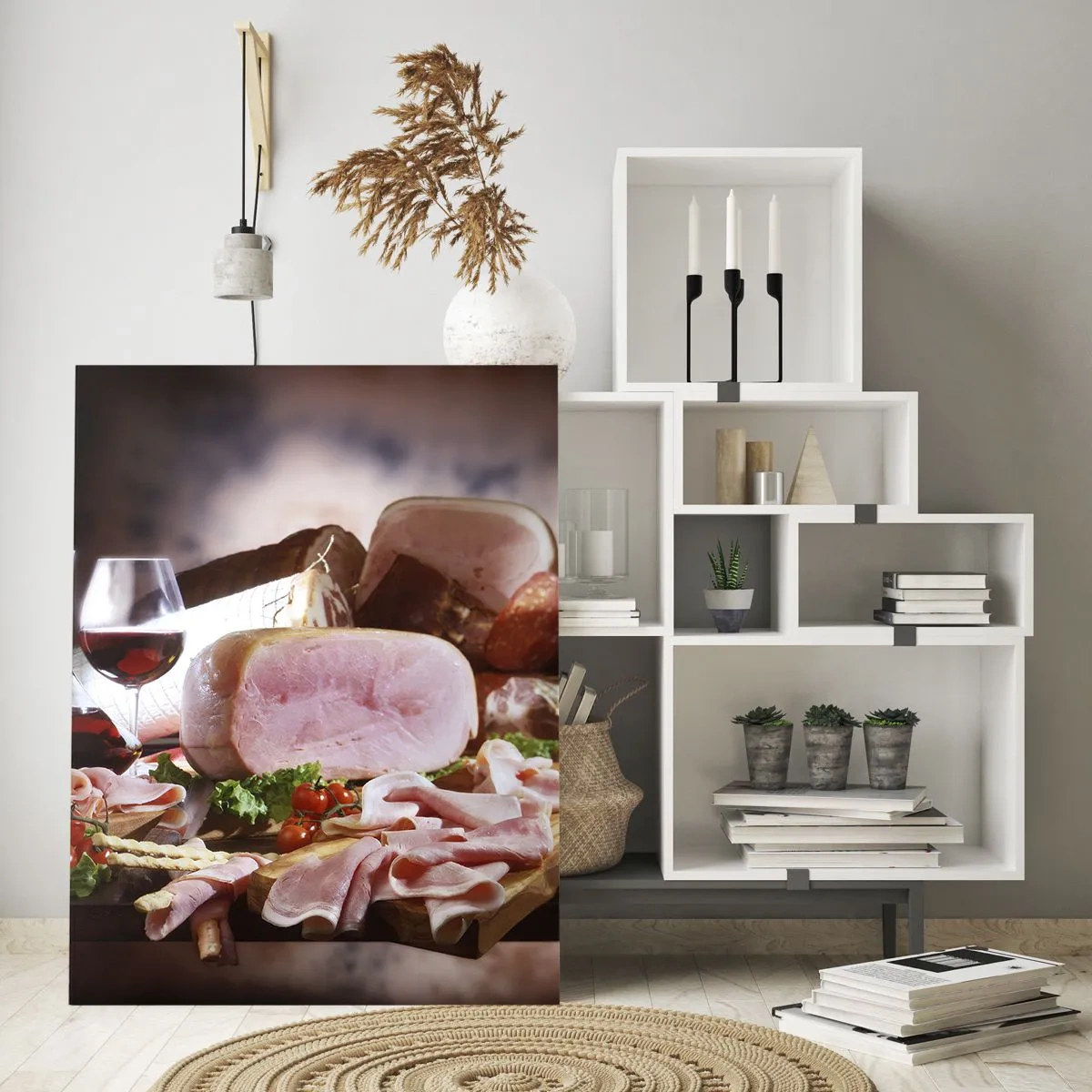 Cuadro sobre vidrio - Impresiones sobre Vidrio - Mesa de cocina con embutidos, vino y verduras frescas. - 50x70cm - Un sueño culinario - Decoración de pared moderna para salón y dormitorio ARTTOR