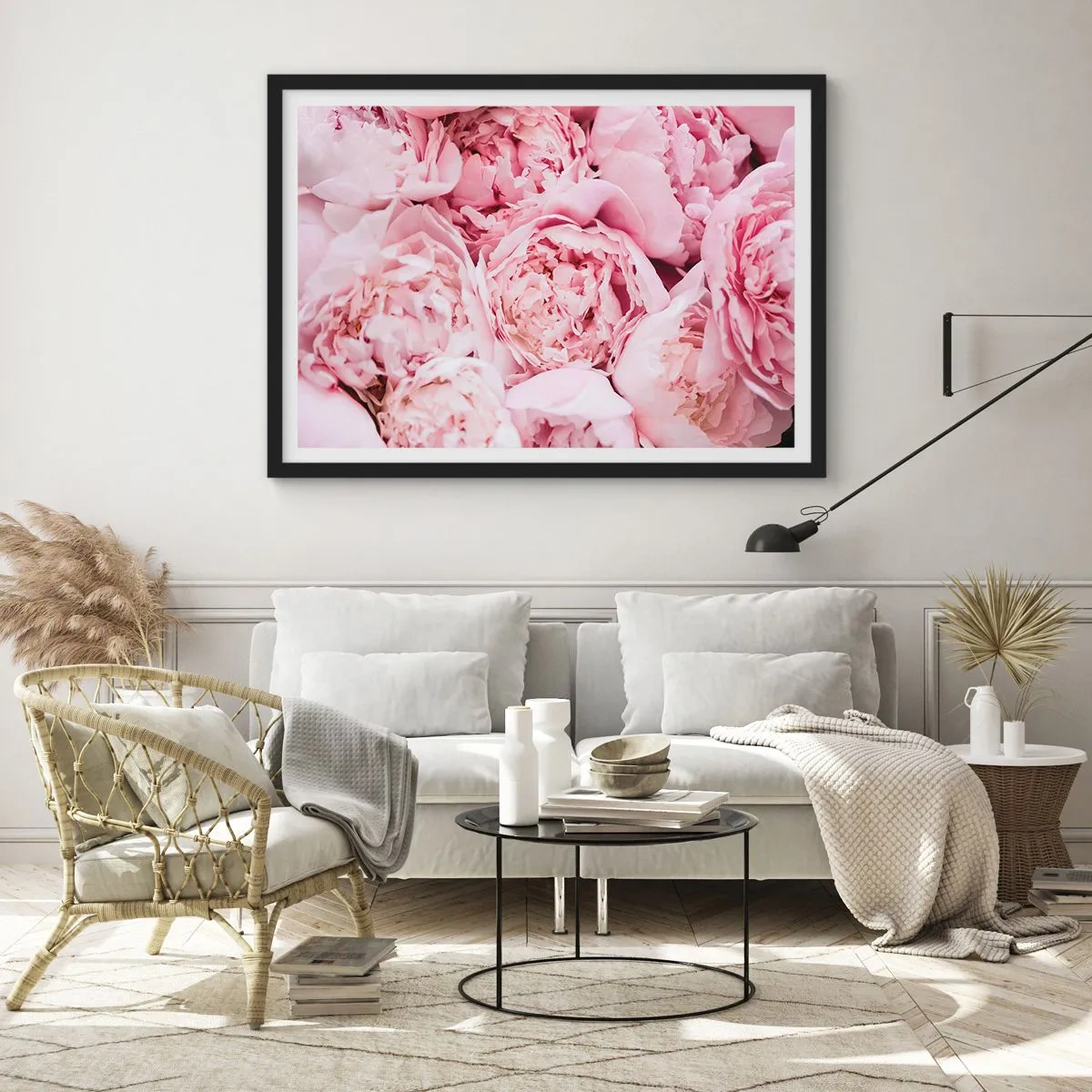 Póster en marco negro - Un primer plano de un ramo de peonías rosas. - 70x50cm - Cálido y fragante - Decoración de pared moderna para salón y dormitorio ARTTOR