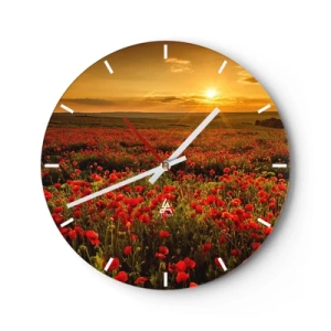 Reloj de pared - Reloj de vidrio - Un campo de amapolas rojas al atardecer - 30x30cm - Entre los campos de flores - Decoración de pared moderna para salón, cocina y dormitorio ARTTOR