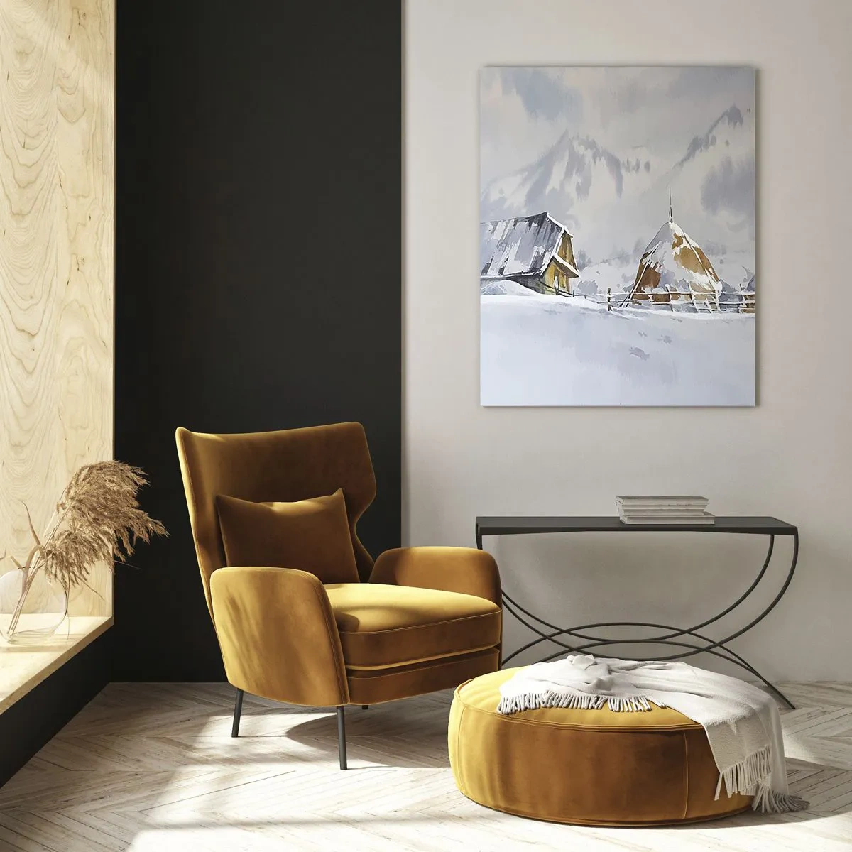 Cuadro sobre vidrio - Impresiones sobre Vidrio - Paisaje invernal con una cabaña y pajares en las montañas - 50x70cm - En un valle nevado - Decoración de pared moderna para salón y dormitorio ARTTOR