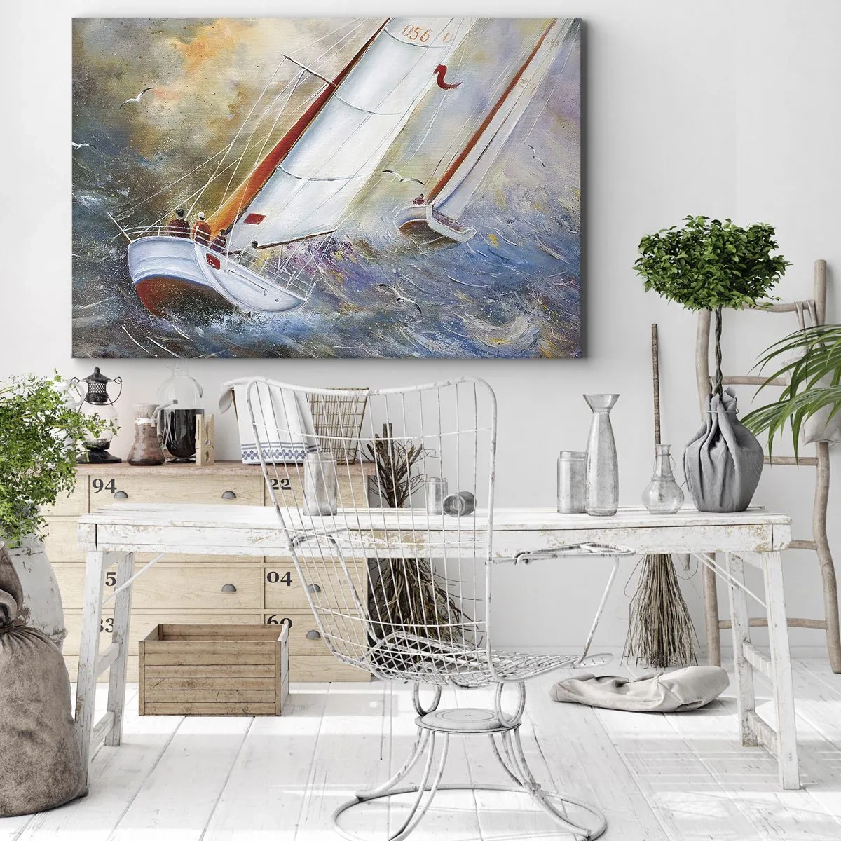 Cuadro sobre lienzo - Impresión de Imagen - Veleros sobre olas agitadas en una composición dinámica - 70x50cm - Surcando las olas - Decoración de pared moderna para salón y dormitorio ARTTOR