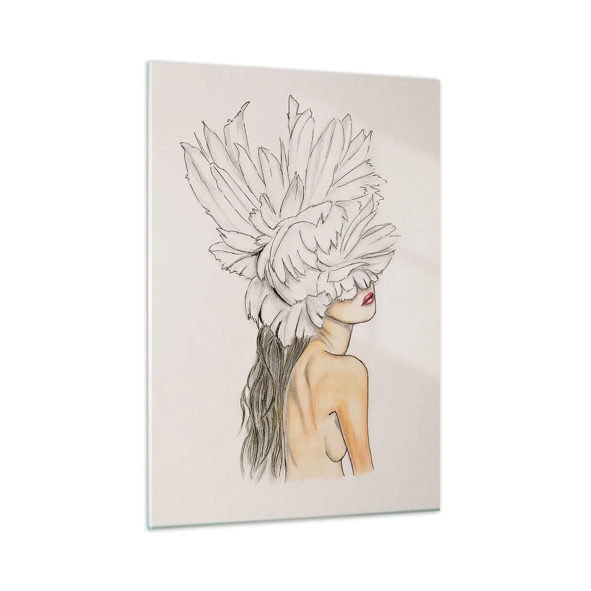 Cuadro sobre vidrio - Impresiones sobre Vidrio - Un dibujo de una mujer con cabello largo y una corona de grandes plumas. - 50x70cm - Belleza coronada - Decoración de pared moderna para salón y dormitorio ARTTOR