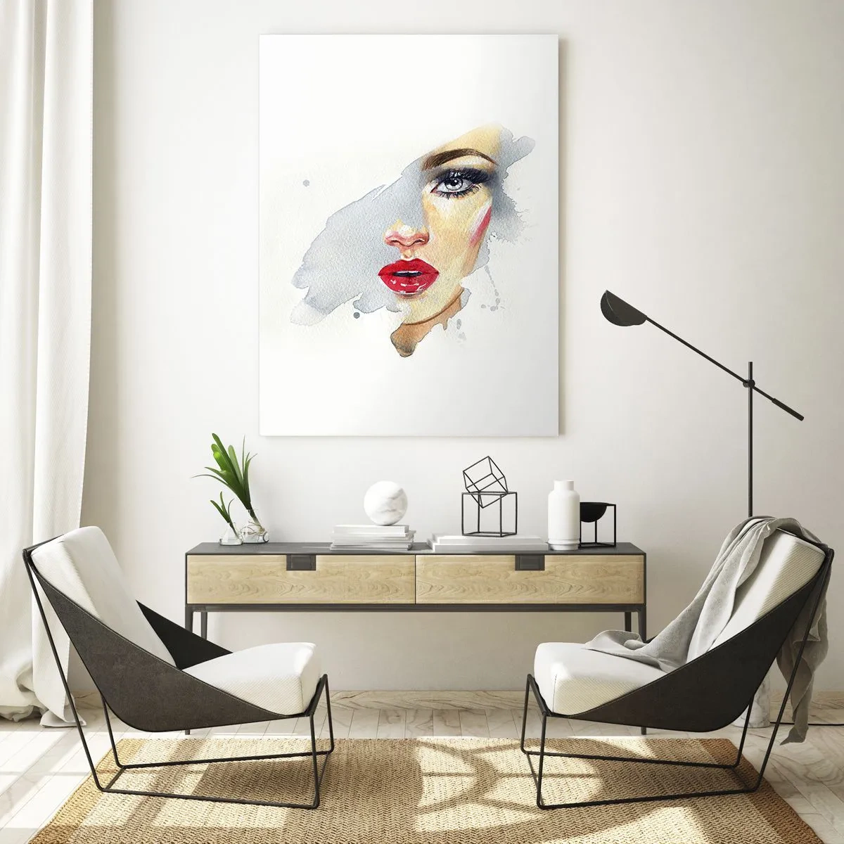 Cuadro sobre vidrio - Impresiones sobre Vidrio - Retrato en acuarela de una mujer con labios rojos. - 50x70cm - Reflejo en una gota de agua - Decoración de pared moderna para salón y dormitorio ARTTOR