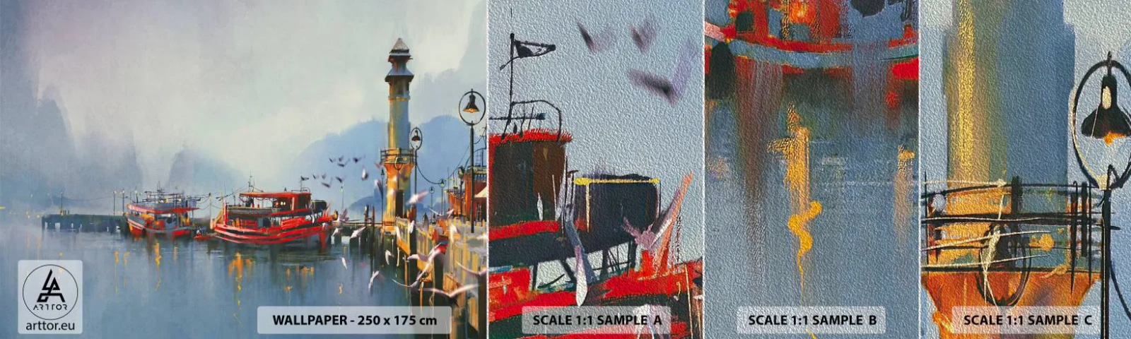 Muestra de fotomural Premium Sand - En el fin del mundo - Paisaje, Puerto, Faro - 100x30 cm