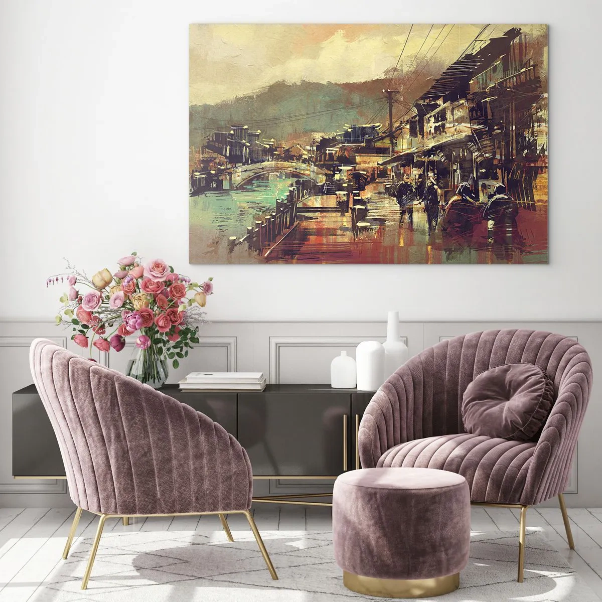 Cuadro sobre vidrio - Impresiones sobre Vidrio - Un paisaje urbano de estilo pictórico con motivos de puente y canal. - 70x50cm - La vida como riqueza de grises - Decoración de pared moderna para salón y dormitorio ARTTOR