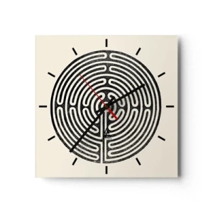 Reloj de pared - Reloj de vidrio - Laberinto circular en blanco y negro sobre un fondo claro - 30x30cm - Orden misterioso - Decoración de pared moderna para salón y dormitorio ARTTOR