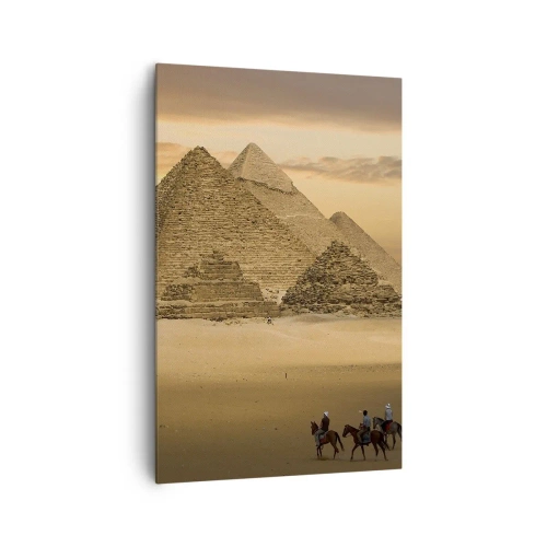 Cuadro sobre lienzo - Impresión de Imagen - Pirámides de Egipto al atardecer con jinetes a caballo - 80x120cm - Sin cambios desde hace miles de años - Decoración de pared moderna para salón y dormitorio ARTTOR