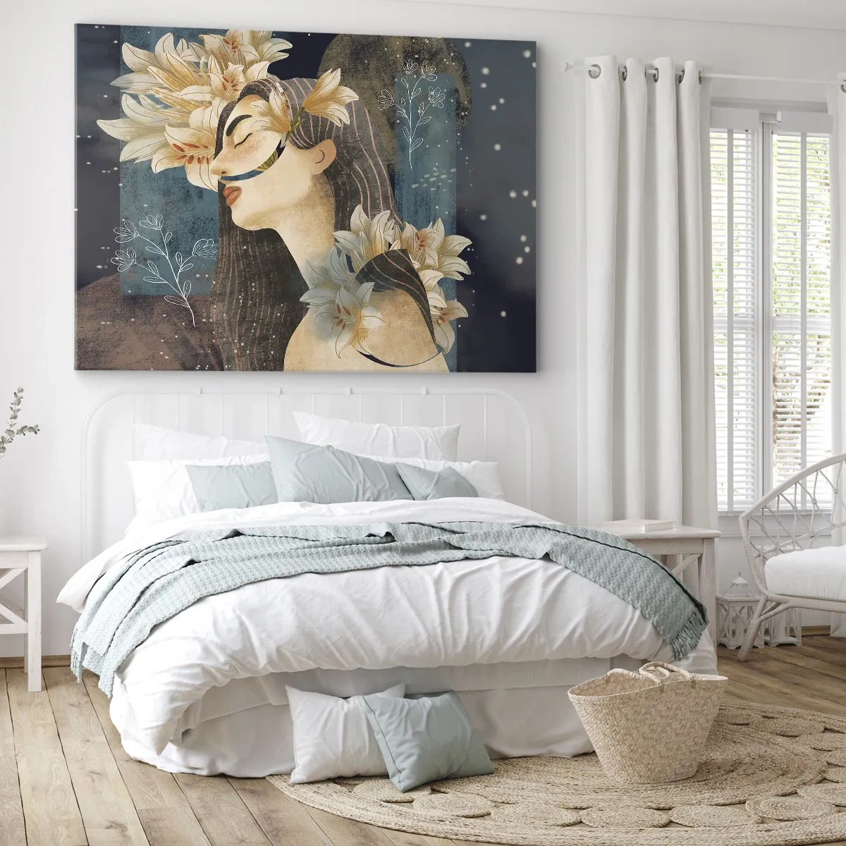 Cuadro sobre lienzo - Impresión de Imagen - Retrato de una mujer con flores en estilo artístico sobre un fondo oscuro. - 70x50cm - Cuento de princesa con lirios - Decoración de pared moderna para salón y dormitorio ARTTOR