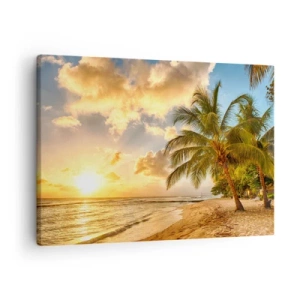 Cuadro sobre lienzo - Impresión de Imagen - Playa con palmeras y puesta de sol sobre el océano. - 70x50cm - El eterno verano, siempre de vacaciones - Decoración de pared moderna para salón y dormitorio ARTTOR
