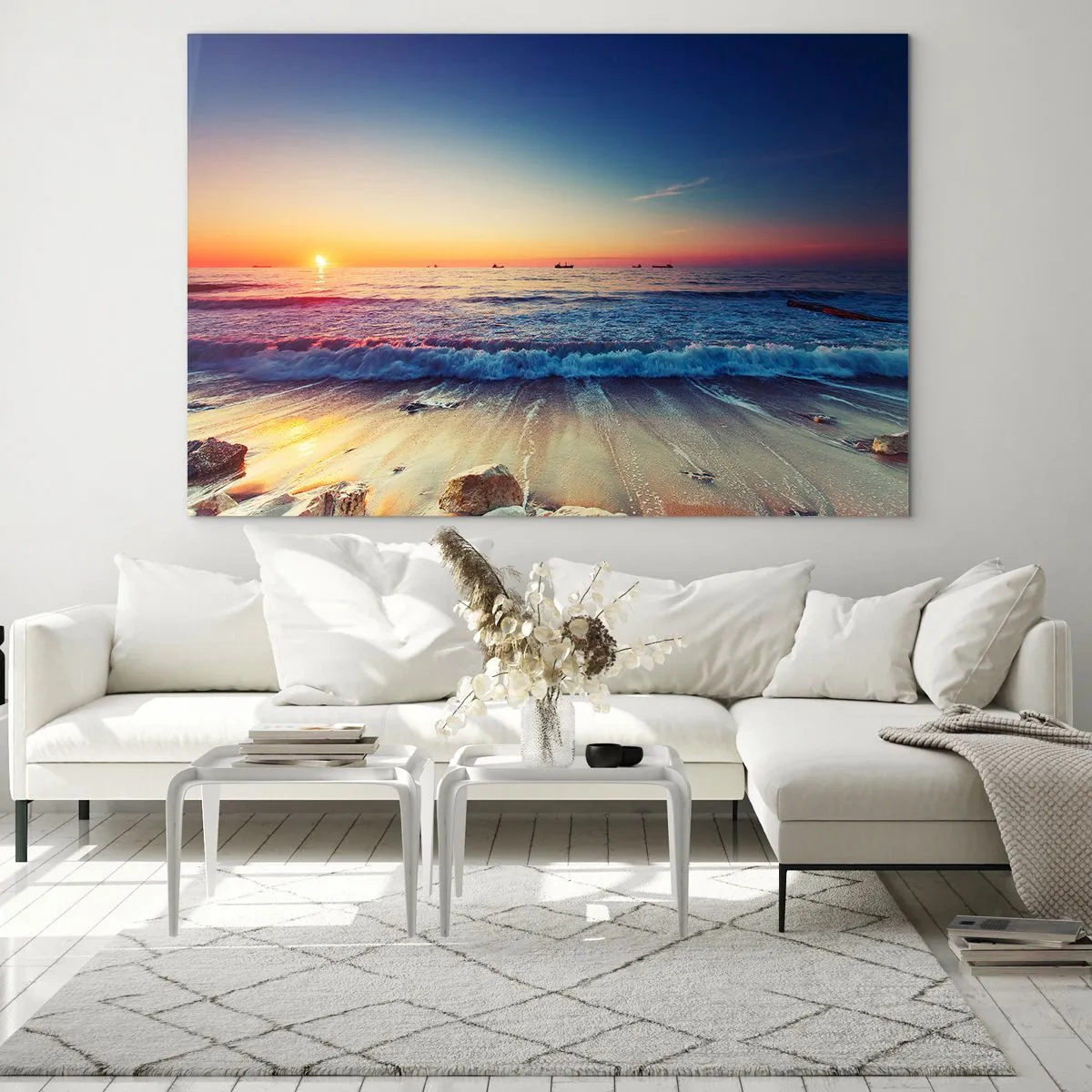 Cuadro sobre vidrio - Impresiones sobre Vidrio - Puesta de sol sobre la playa con suaves olas y un mar en calma. - 120x80cm - ¿Y qué hay tras el horizonte? - Decoración de pared moderna para salón y dormitorio ARTTOR