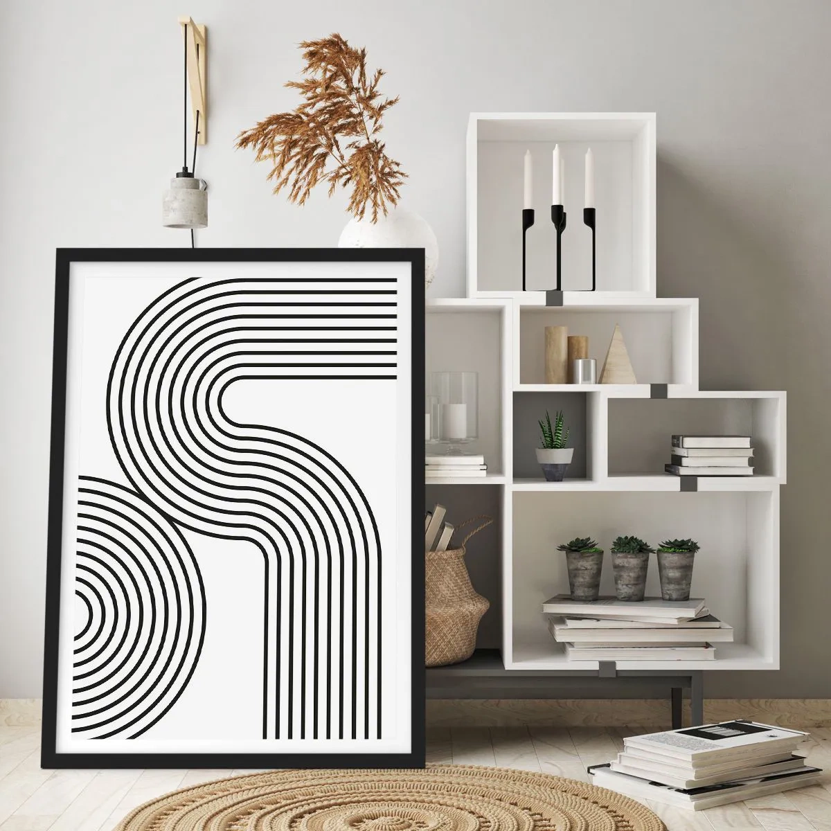 Póster en marco negro - Gráficos modernos con líneas abstractas en blanco y negro. - 50x70cm - En una curva - Decoración de pared moderna para salón y dormitorio ARTTOR