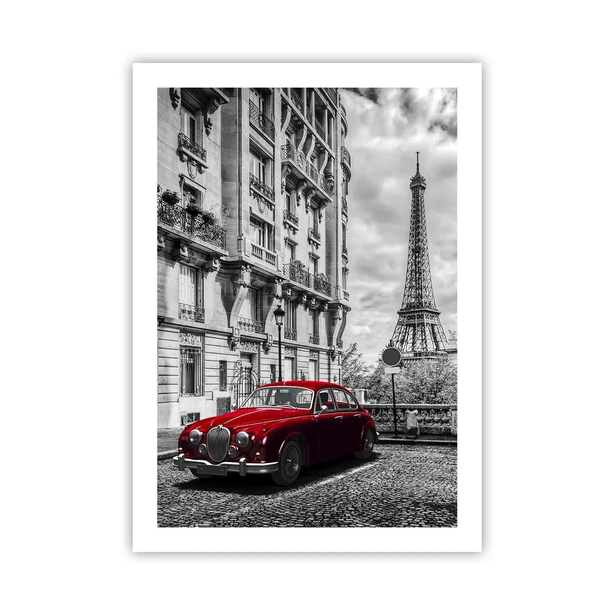 Póster - Un coche rojo con la Torre Eiffel al fondo. - 50x70cm - Un depredador en la ciudad - Decoración de pared moderna para salón y dormitorio ARTTOR