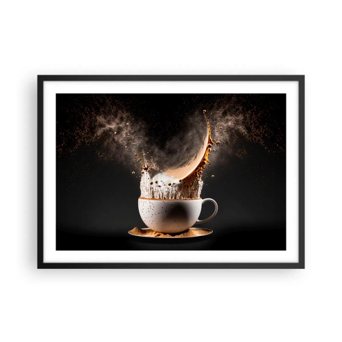 Póster en marco negro - Una taza de café con una explosión dinámica de líquido sobre un fondo negro. - 70x50cm - Una explosión de sabor - Decoración de pared moderna para salón y dormitorio ARTTOR