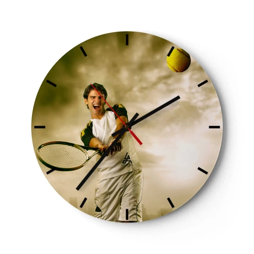Reloj de pared - Reloj de vidrio - Un jugador de tenis golpeando la pelota contra un cielo dorado. - 30x30cm - Energía y alegría - Decoración de pared moderna para salón, cocina y dormitorio ARTTOR