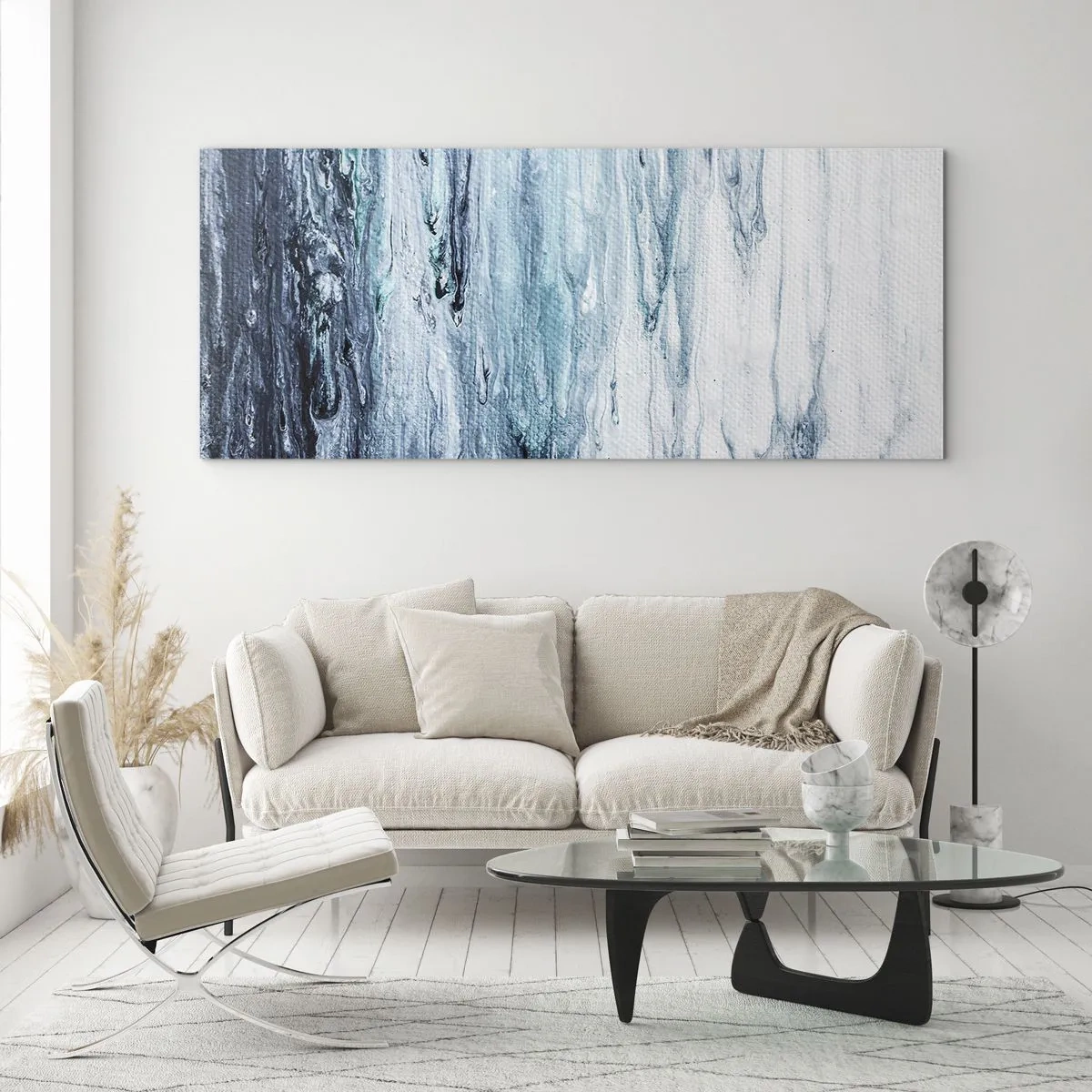 Cuadro sobre vidrio - Impresiones sobre Vidrio - Rayas abstractas azules y blancas que se asemejan a carámbanos - 120x50cm - Carámbanos de azul - Decoración de pared moderna para salón y dormitorio ARTTOR