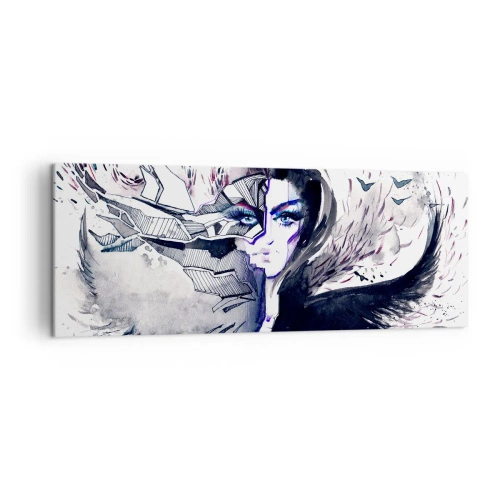 Cuadro sobre lienzo - Impresión de Imagen - Rostro abstracto con elementos contrastantes y motivo de ala. - 140x50cm - Demoníaca y hermosa - Decoración de pared moderna para salón y dormitorio ARTTOR