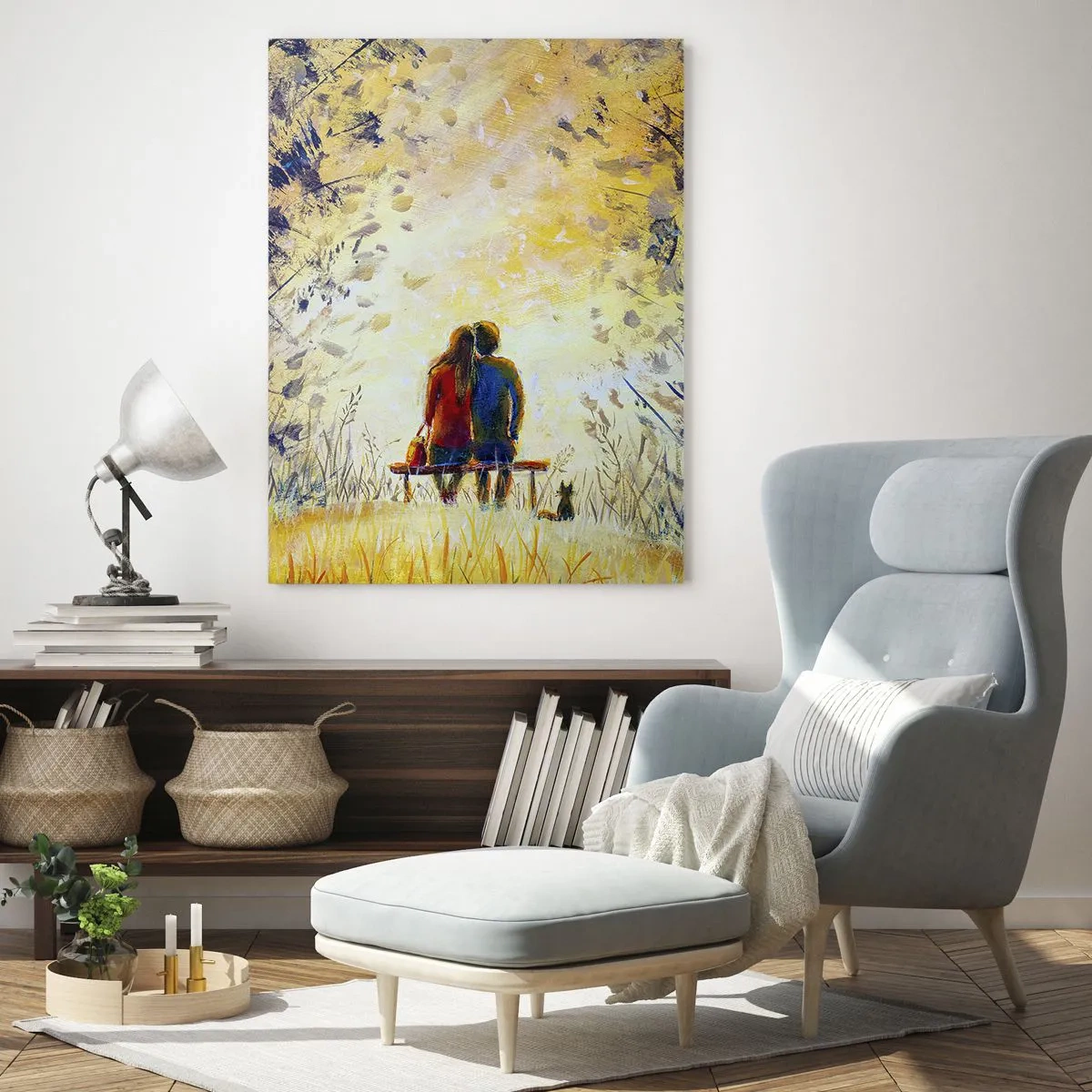 Cuadro sobre vidrio - Impresiones sobre Vidrio - Una pareja en un banco en un momento mágico. - 50x70cm - Un momento mágico - Decoración de pared moderna para salón y dormitorio ARTTOR