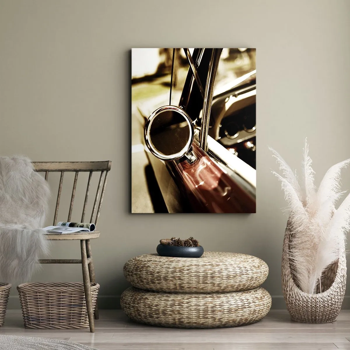 Cuadro sobre lienzo - Impresión de Imagen - Primer plano del espejo y el interior de un coche retro clásico. - 70x100cm - Un coche con alma - Decoración de pared moderna para salón y dormitorio ARTTOR