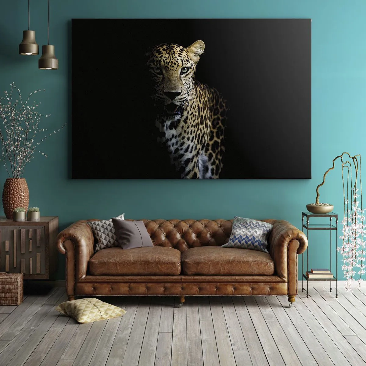 Cuadro sobre lienzo - Impresión de Imagen - Un leopardo sobre un fondo oscuro con una mirada intensa. - 70x50cm - Belleza oscura - Decoración de pared moderna para salón y dormitorio ARTTOR