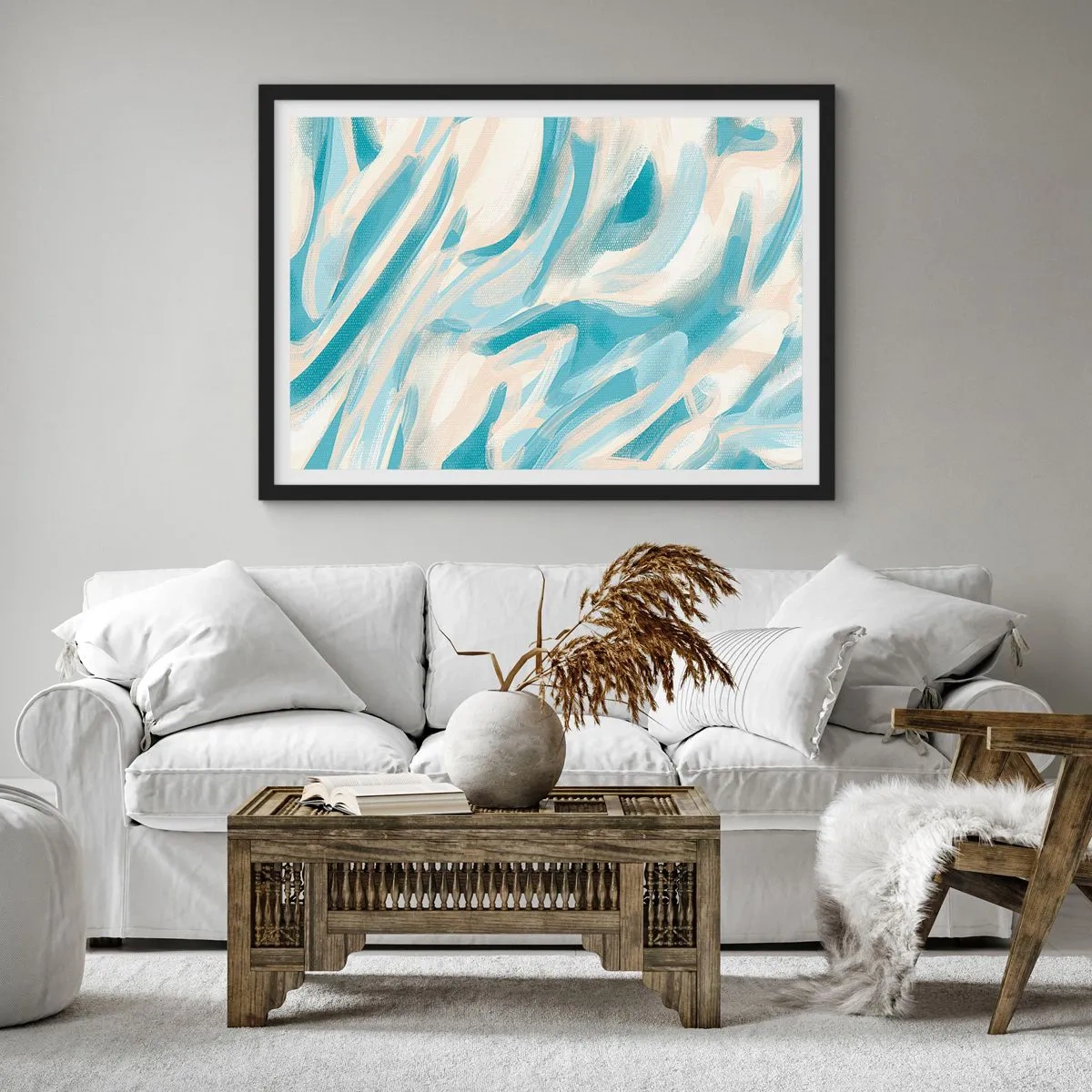 Póster en marco negro - Rayas azules abstractas sobre un fondo claro - 70x50cm - Brisas primaverales - Decoración de pared moderna para salón y dormitorio ARTTOR