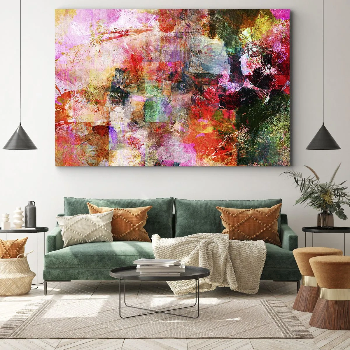 Cuadro sobre lienzo - Impresión de Imagen - Una composición abstracta con tonos dominantes de rosa y rojo. - 70x50cm - Un viaje a través del rosa - Decoración de pared moderna para salón y dormitorio ARTTOR
