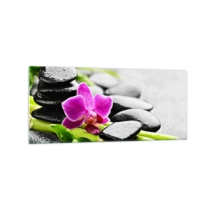 Cuadro sobre vidrio - Impresiones sobre Vidrio - Orquídea morada, piedras negras y bambú en una composición tranquila. - 120x50cm - En equilibrio pacífico - Decoración de pared moderna para salón y dormitorio ARTTOR