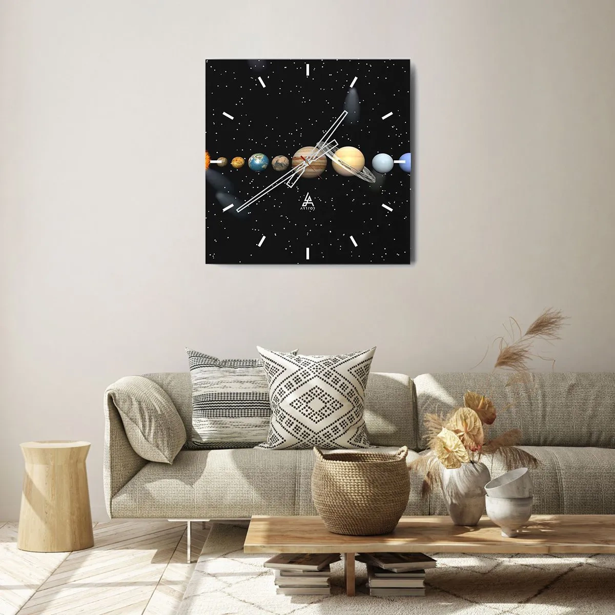Reloj de pared - Reloj de vidrio - El sistema solar con planetas sobre un fondo de estrellas en el espacio. - 30x30cm - Los planetas en armonía - Decoración de pared moderna para salón y dormitorio ARTTOR