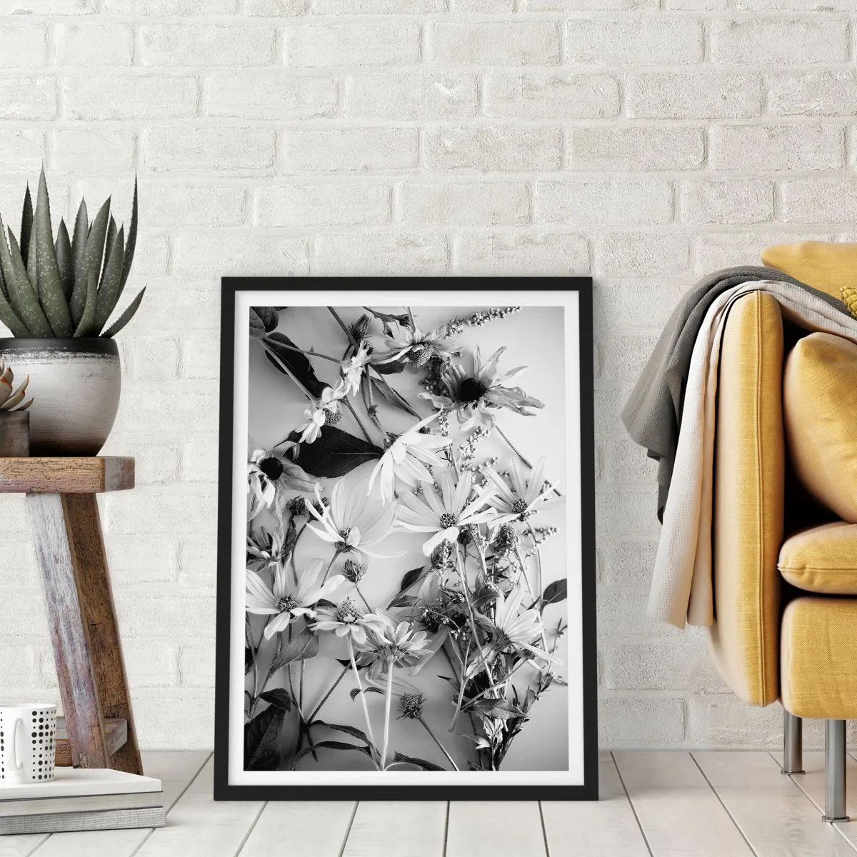 Póster en marco negro - Flores blancas y negras dispuestas en un arreglo artístico. - 50x70cm - Un no ramo de flores - Decoración de pared moderna para salón y dormitorio ARTTOR