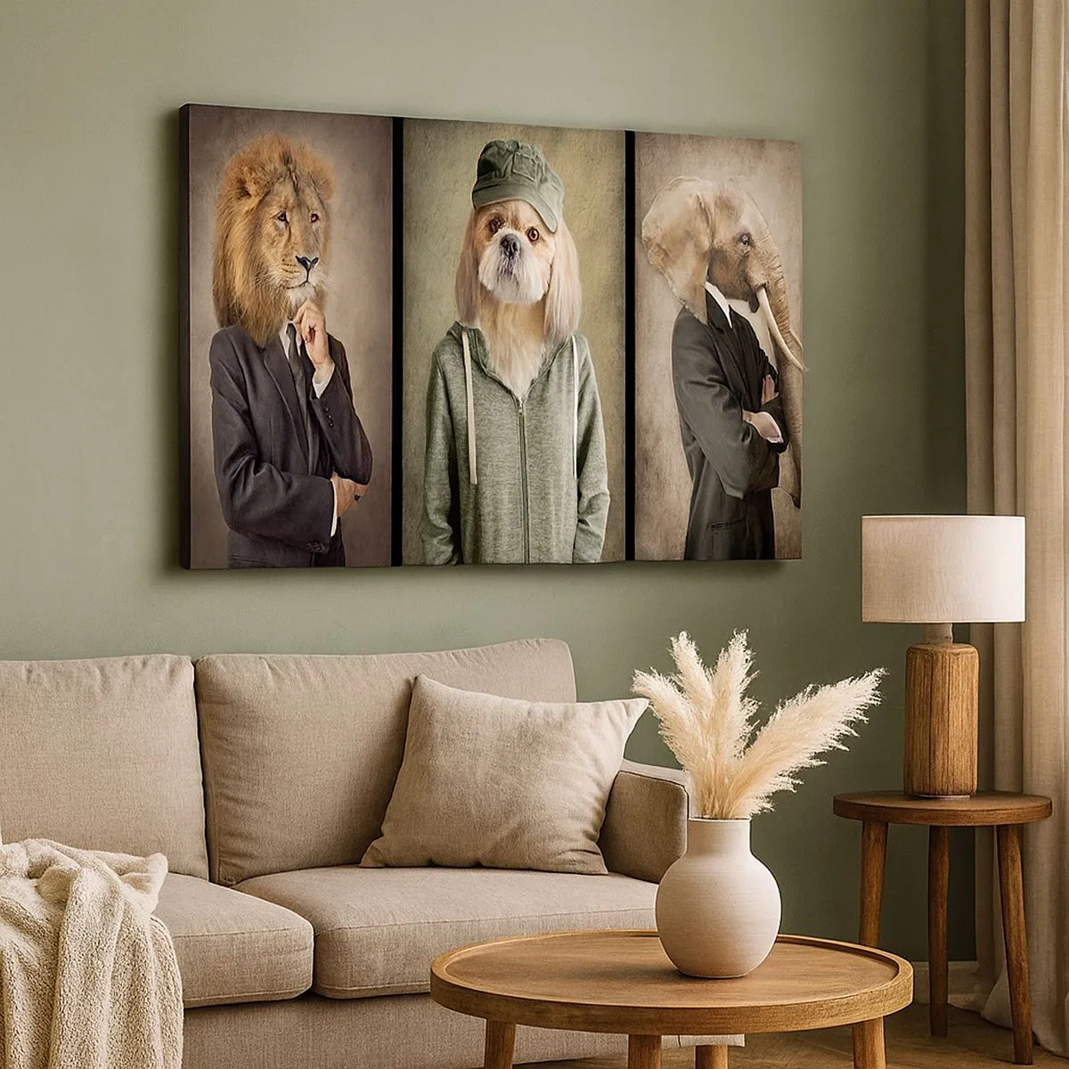 Cuadro sobre lienzo - Impresión de Imagen - Retratos estilizados de un león, un perro y un elefante con ropa elegante. - 70x50cm - Prefiero tomármelo con calma - Decoración de pared moderna para salón y dormitorio ARTTOR