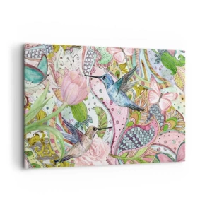 Cuadro sobre lienzo - Impresión de Imagen - Colibríes y mariposas coloridos entre las plantas. - 100x70cm - Enredado en las vides - Decoración de pared moderna para salón y dormitorio ARTTOR