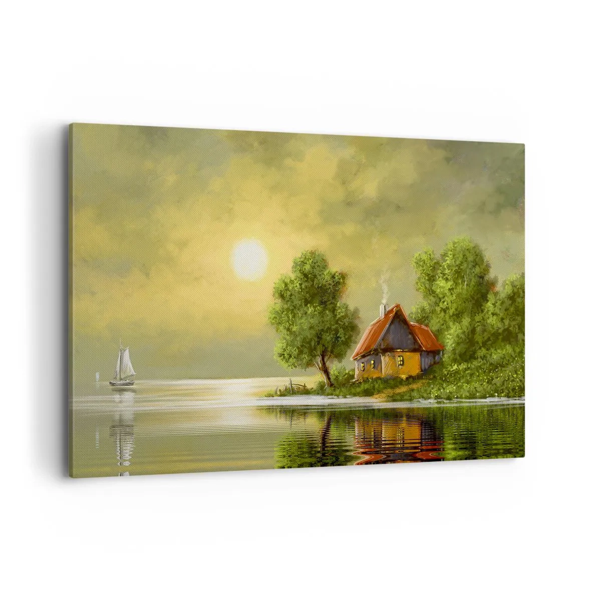 Cuadro sobre lienzo - Impresión de Imagen - Casa del lago a la luz del atardecer - 120x80cm - Es hermoso, como salido de un cuadro - Decoración de pared moderna para salón y dormitorio ARTTOR