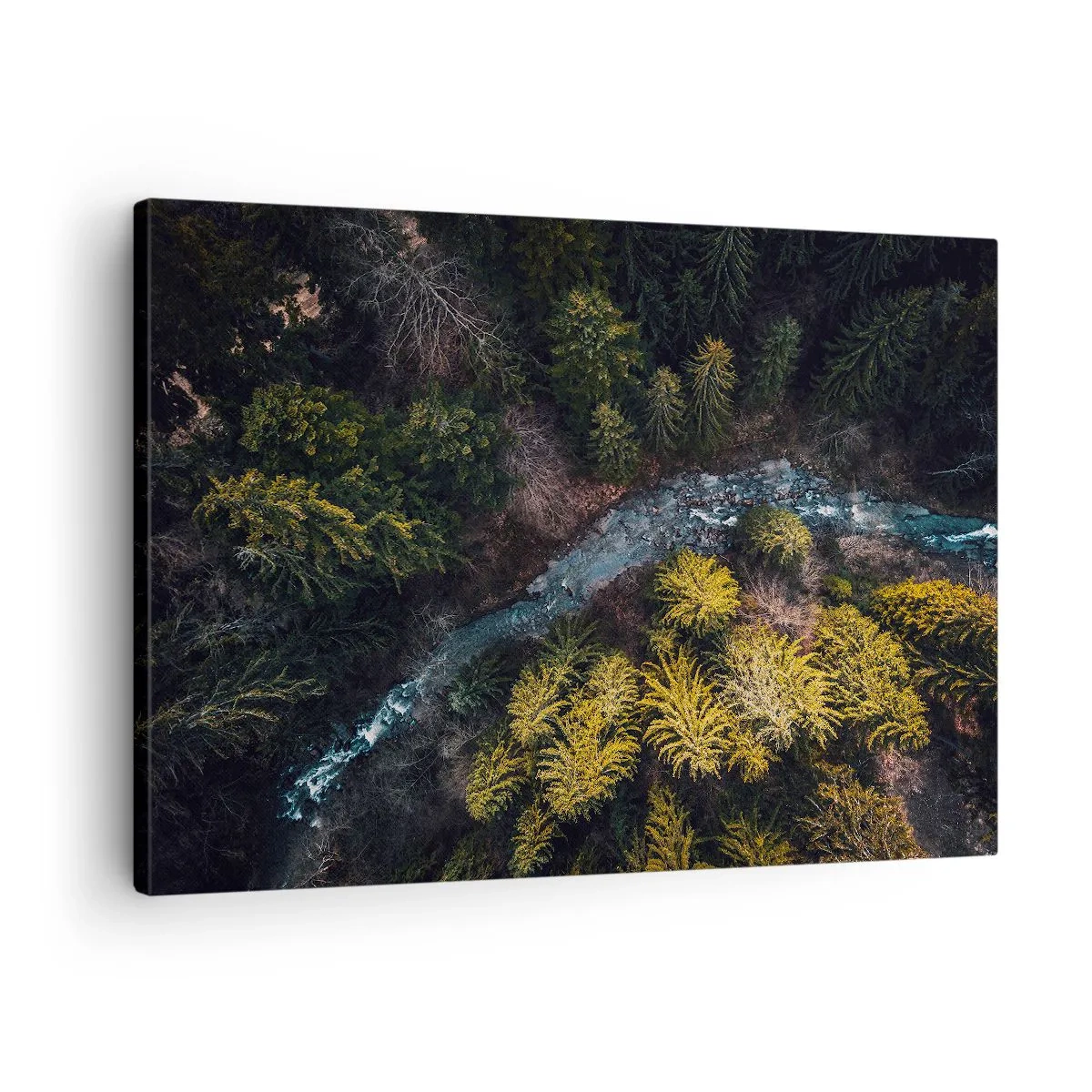 Cuadro sobre lienzo - Impresión de Imagen - Una vista desde arriba de un bosque con un río sinuoso. - 70x50cm - Rápido, cada vez más rápido - Decoración de pared moderna para salón y dormitorio ARTTOR