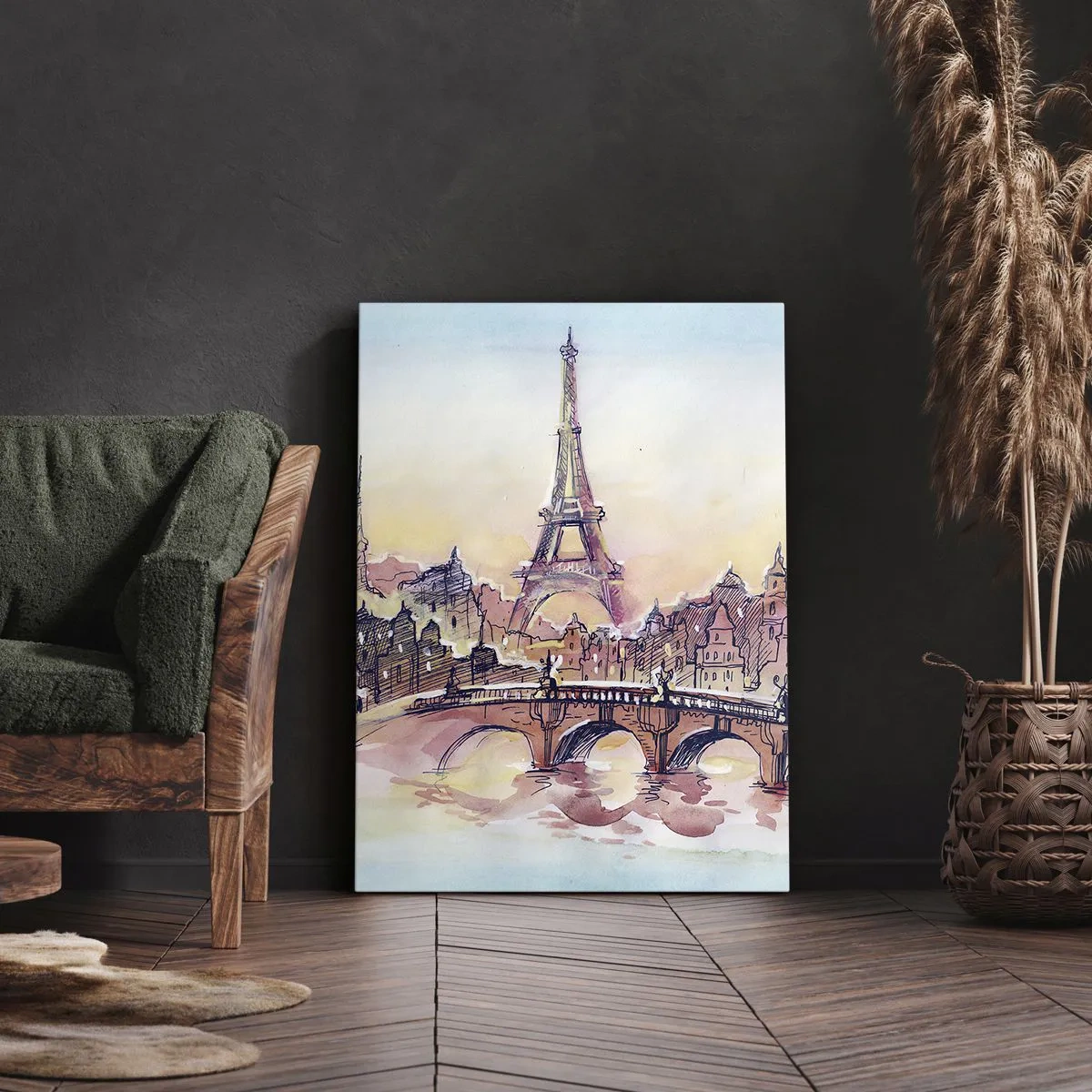 Cuadro sobre lienzo - Impresión de Imagen - Panorama de acuarela de París con la Torre Eiffel al atardecer - 50x70cm - Única en el mundo - Decoración de pared moderna para salón y dormitorio ARTTOR