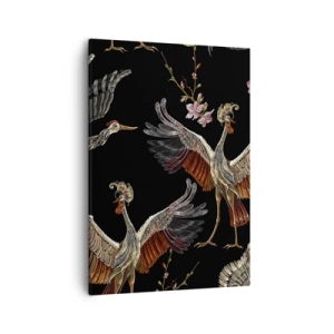 Cuadro sobre lienzo - Impresión de Imagen - Grullas y flores elegantes sobre un fondo negro. - 50x70cm - Aves de cuento de hadas - Decoración de pared moderna para salón y dormitorio ARTTOR