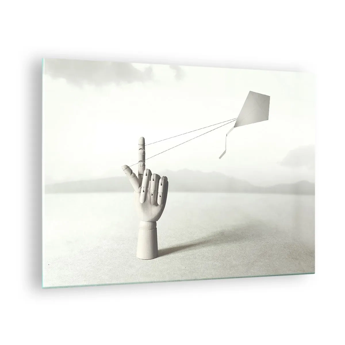 Cuadro sobre vidrio - Impresiones sobre Vidrio - Una mano de madera que sostiene una cometa flotante en su dedo. - 70x50cm - Una prueba de fuerza - Decoración de pared moderna para salón y dormitorio ARTTOR