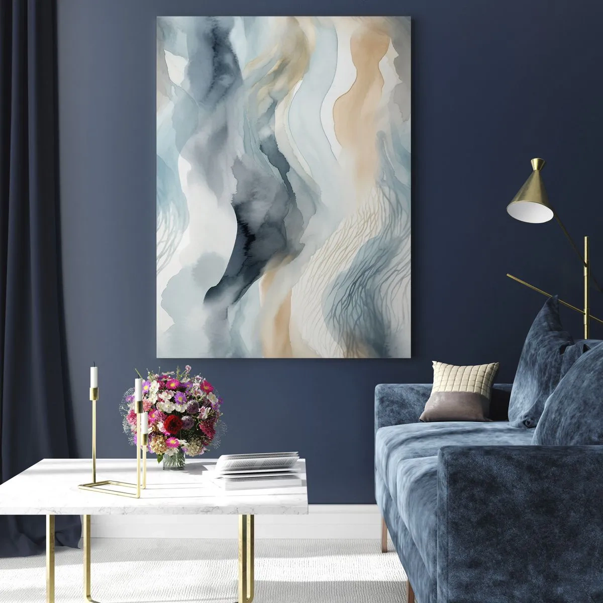 Cuadro sobre vidrio - Impresiones sobre Vidrio - Ondas abstractas en tonos beige y azul. - 50x70cm - Abstracción de nieve y niebla - Decoración de pared moderna para salón y dormitorio ARTTOR