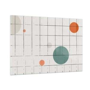 Cuadro sobre vidrio - Impresiones sobre Vidrio - Círculos coloridos en una cuadrícula geométrica de líneas finas. - 100x70cm - Atrapados. ¿Nosotros o ellos? - Decoración de pared moderna para salón y dormitorio ARTTOR