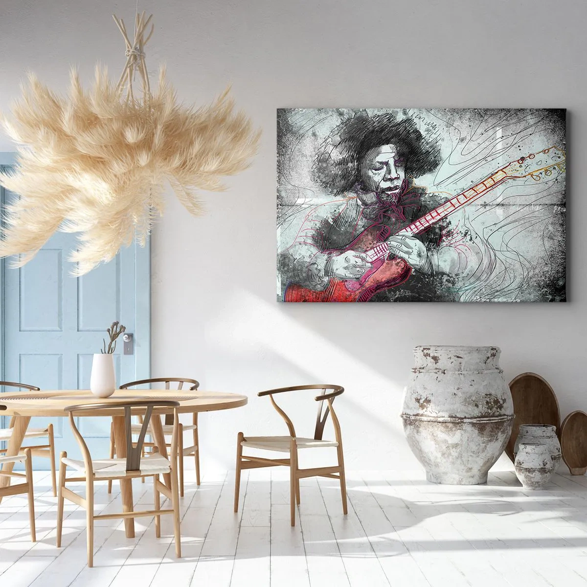 Cuadro sobre lienzo - Impresión de Imagen - Retrato artístico de un guitarrista en la técnica del boceto. - 70x50cm - Volando con la música - Decoración de pared moderna para salón y dormitorio ARTTOR