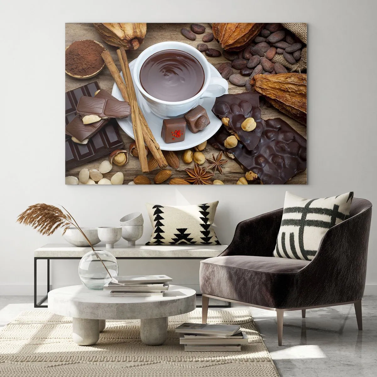 Cuadro sobre vidrio - Impresiones sobre Vidrio - Una taza de chocolate caliente con aderezos sobre un fondo rústico. - 70x50cm - Chocolate de ensueño - Decoración de pared moderna para salón y dormitorio ARTTOR