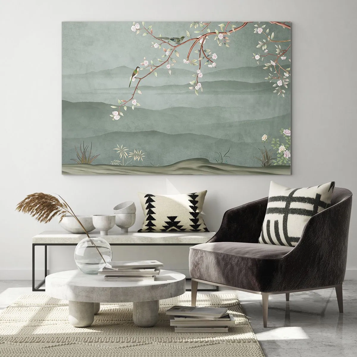Cuadro sobre vidrio - Impresiones sobre Vidrio - Una rama con flores y pájaros sobre un fondo de colinas verdes. - 70x50cm - Primavera, ah, eres tú - Decoración de pared moderna para salón y dormitorio ARTTOR