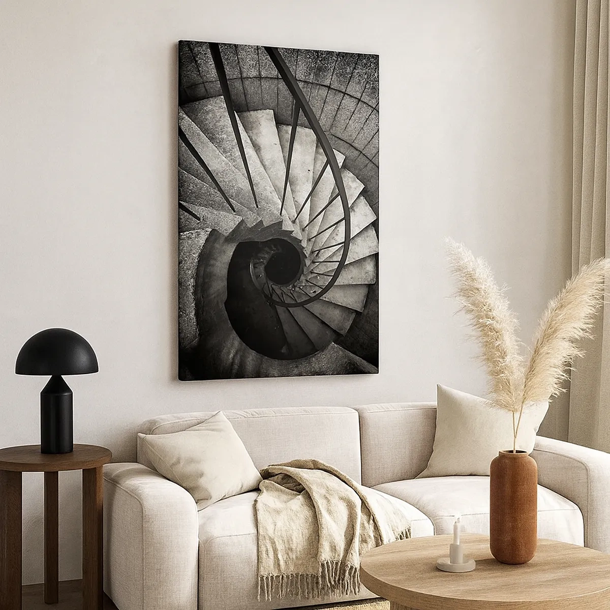 Cuadro sobre lienzo - Impresión de Imagen - Escalera de caracol en blanco y negro de estilo moderno. - 50x70cm - Escaleras arriba, escaleras abajo - Decoración de pared moderna para salón y dormitorio ARTTOR