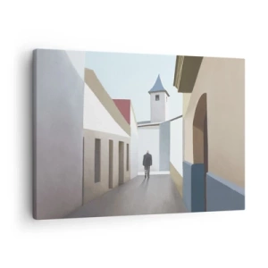 Cuadro sobre lienzo - Impresión de Imagen - Una calle minimalista con la silueta de un hombre al fondo. - 70x50cm - Paseo soleado - Decoración de pared moderna para salón y dormitorio ARTTOR