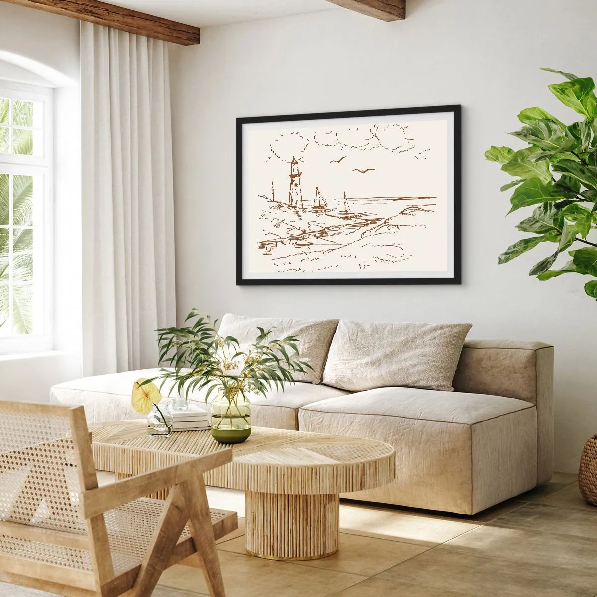 Póster en marco negro - Boceto de un faro con vistas al mar - 100x70cm - Un esbozo de un recuerdo de verano - Decoración de pared moderna para salón y dormitorio ARTTOR