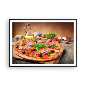 Póster en marco negro - Deliciosa pizza en una mesa de madera con ingredientes. - 100x70cm - Con un verdadero sabor italiano - Decoración de pared moderna para salón y dormitorio ARTTOR