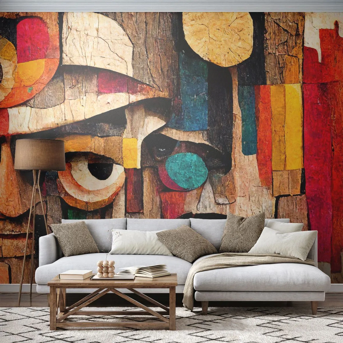 Fotomural Premium Sand - Caras abstractas en estilo mosaico de madera - 100x70cm - Te veo... - Decoración de pared moderna para salón y dormitorio ARTTOR